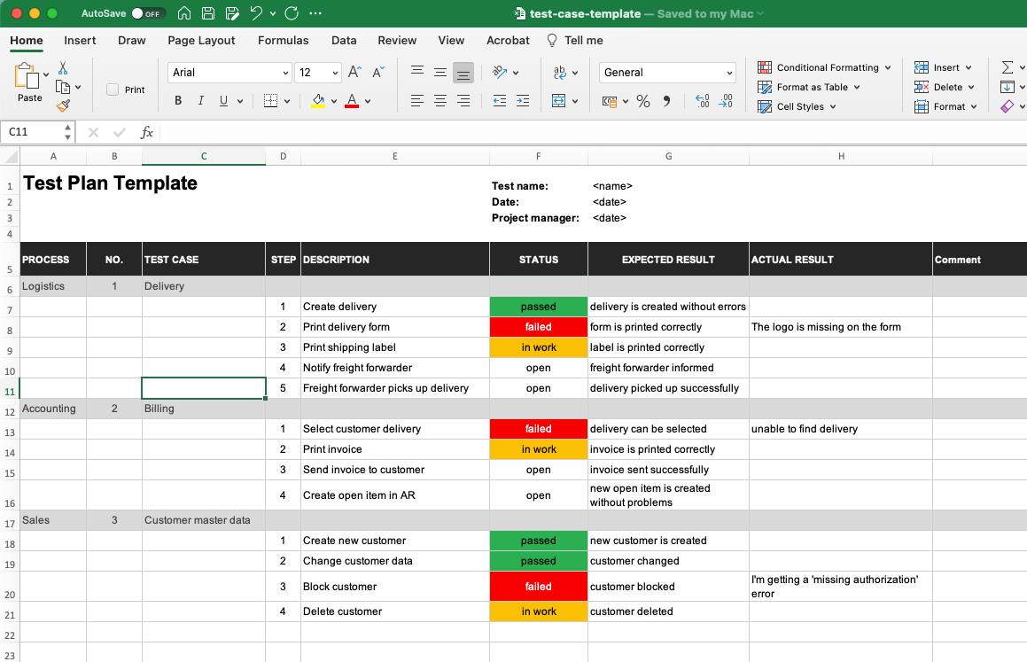 Test plan template for Excel