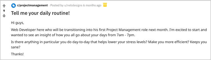 image of question on reddit about daily PM routine