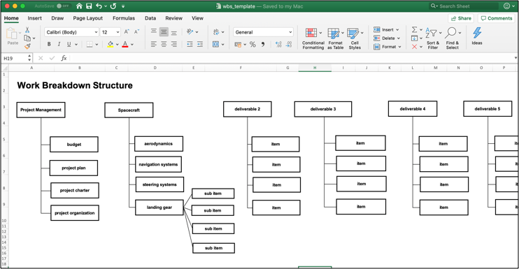 Work Breakdown Structure (WBS) template for Excel