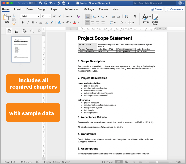 Ready-to-use scope statement template to be used in any project.