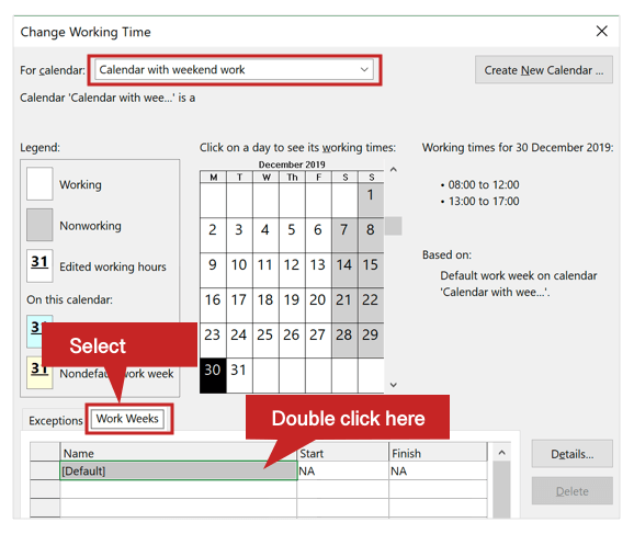 Maintain working times for calendar