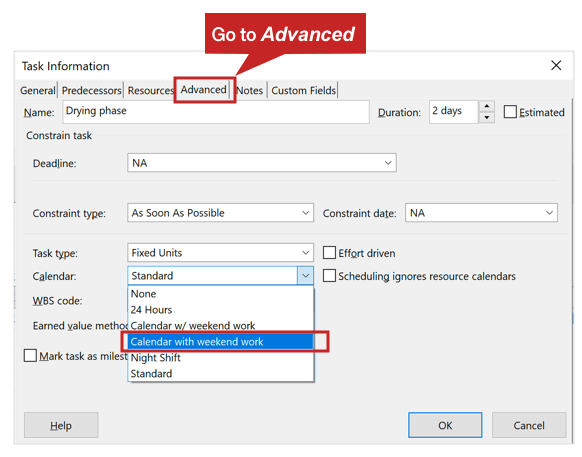 Advanced task settings in MS Project 2016