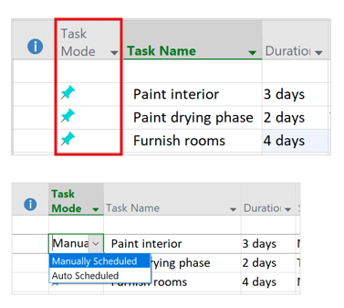 Choosing the task mode for tasks in MS Project 2016