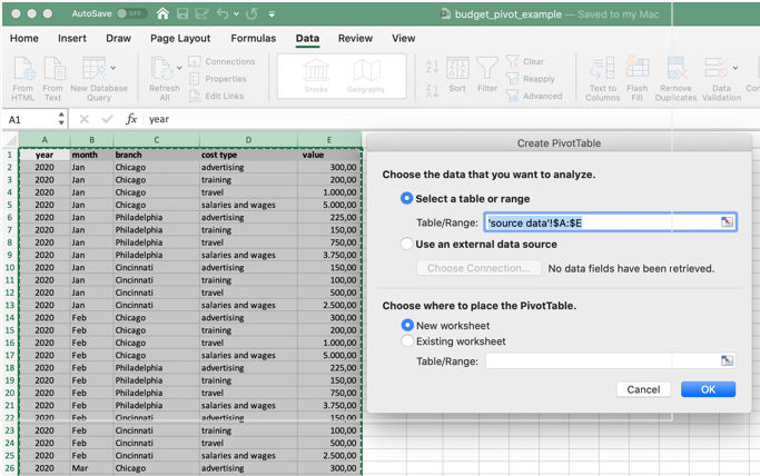 Source data for pivot table
