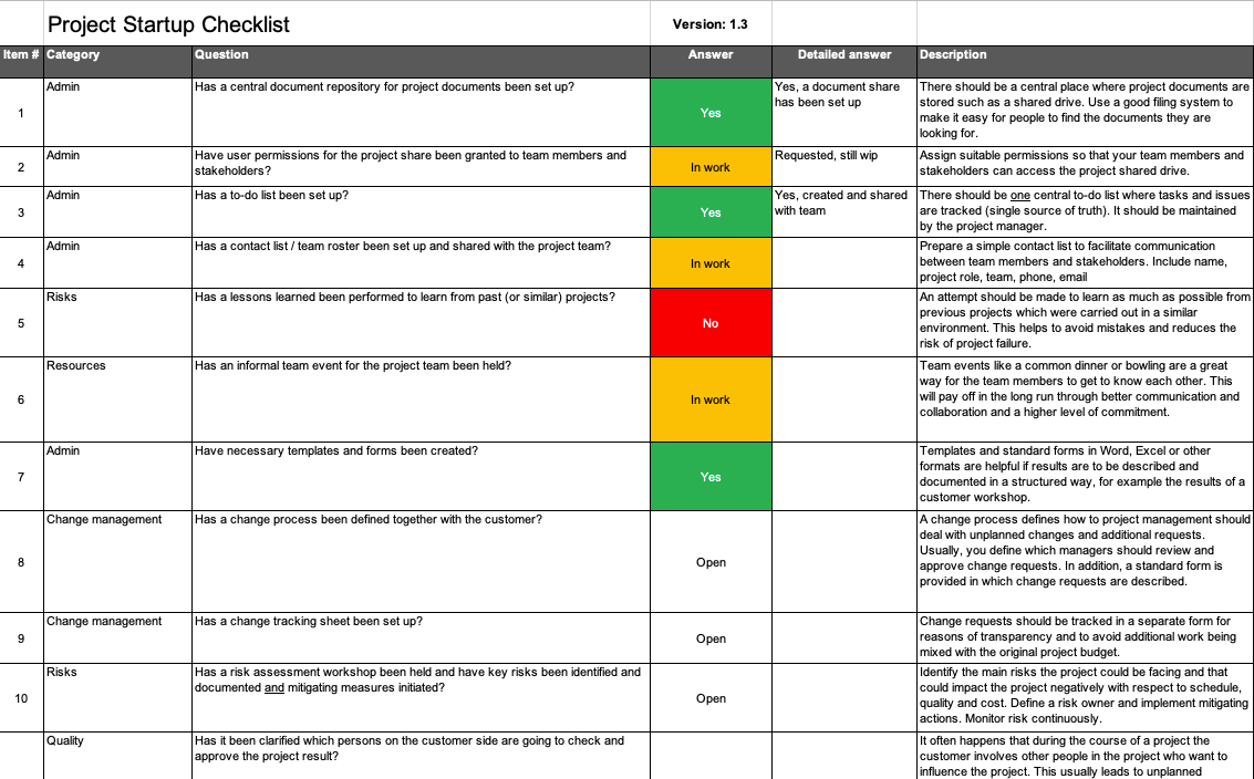 The project startup checklist guides you through the steps of setting up a new project