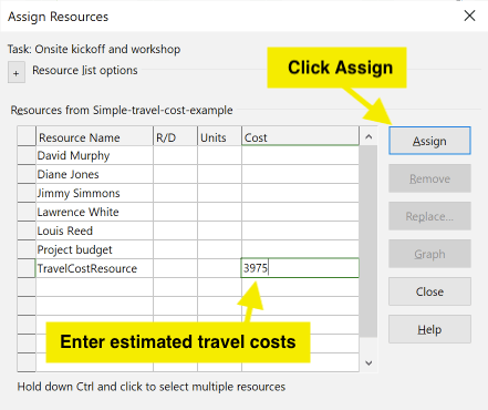 Enter travel cost amount in MS Project