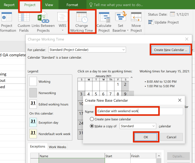 Create a new calendar for overtime work on Saturday and Sunday