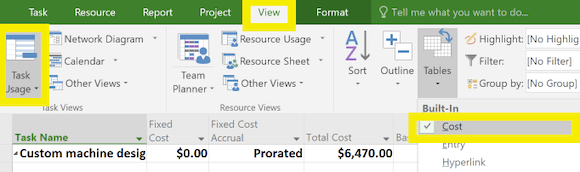 MS Project report showing travel costs