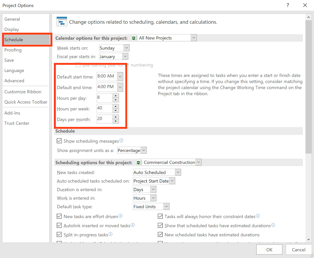 Setting up default working times in Microsoft Project