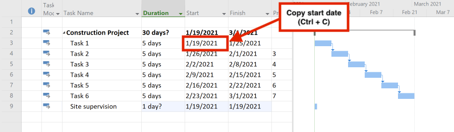 Copying the start date of another task to make our task flexible in duration (MS Project)