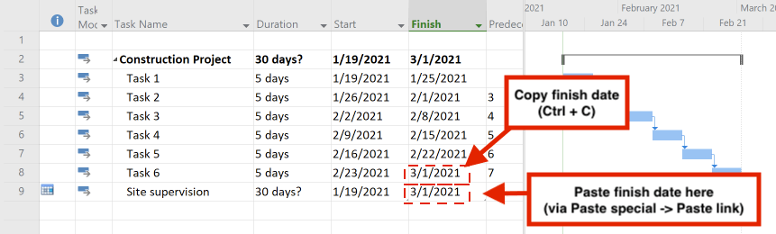 Copying the finish date of another task in this Hammock task example in MS Project 2016