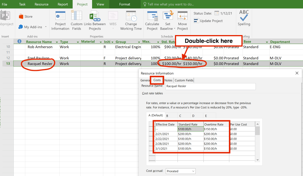 Maintaining overtime rates in Microsoft Project (Resource sheet)