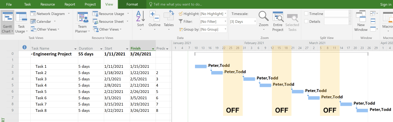 MS Project schedule with recurring non-working week