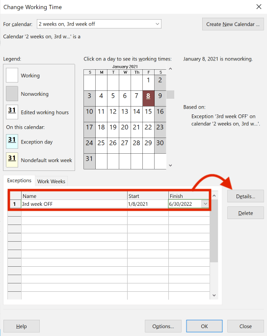 Setting an exception on the calendar in Microsoft Project to define a non-working period