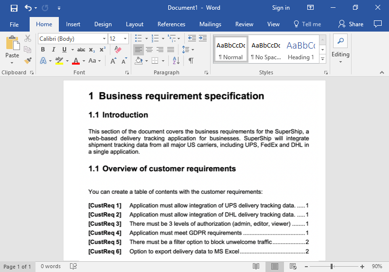 Requirement specification template with automatic requirements numbering for Word