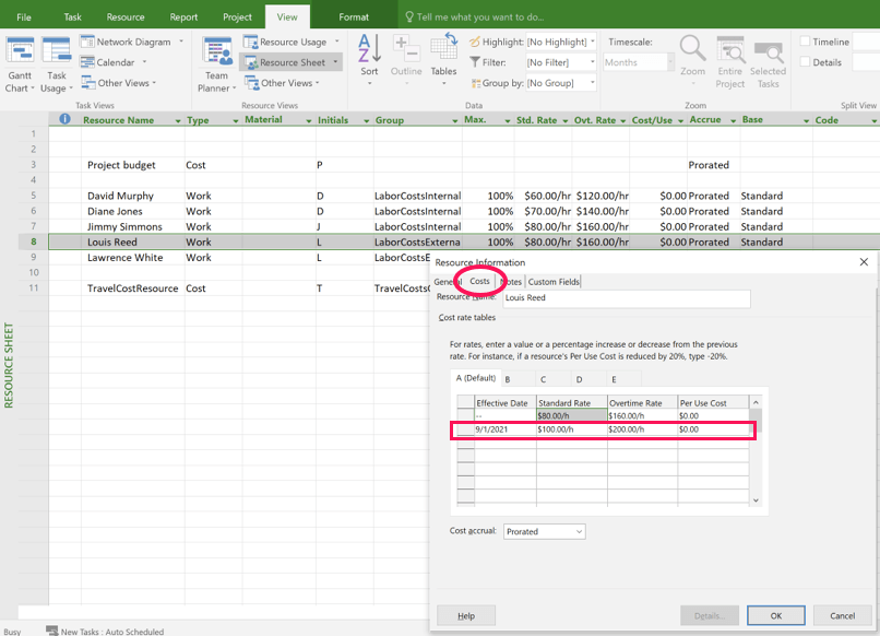 Entering a time dependent rate in Microsoft Project