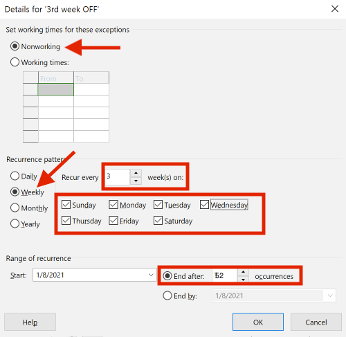 Image: the entire 3rd week should be set as nonworking in Microsoft Project