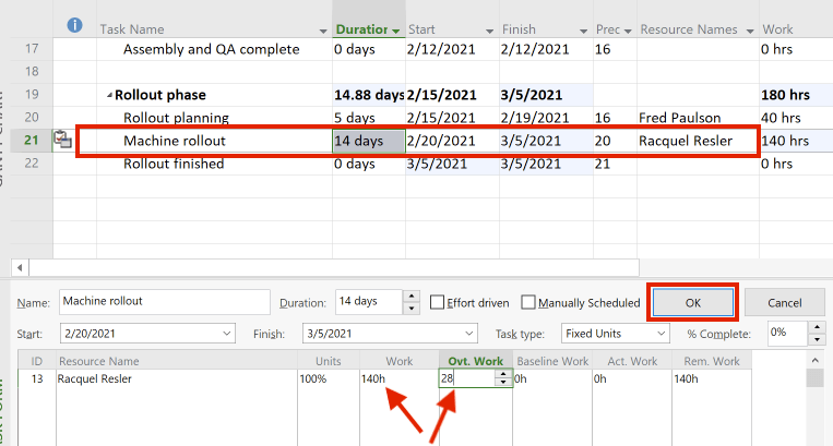 Overtime is maintained in the Task Form of MS Project