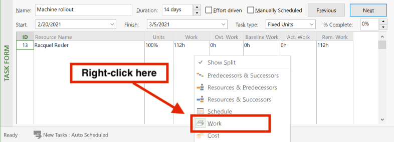 Task Form: Showing work values to enter overtime