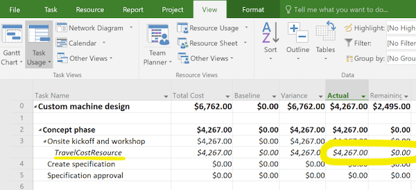 Screen for entering actual travel expenses in MS Project