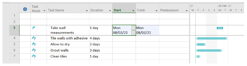 Entering tasks in MS Project