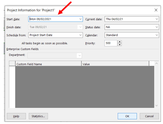 Setting the project start date in Microsoft Project 2019