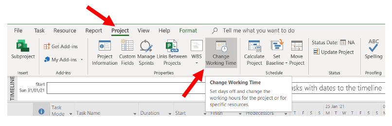 Changing working time to enable a 7-day workweek in Microsoft Project 2019