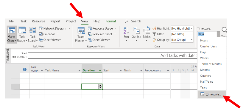 Adjusting the timescale in MS Project is necessary to show Saturdays & Sundays