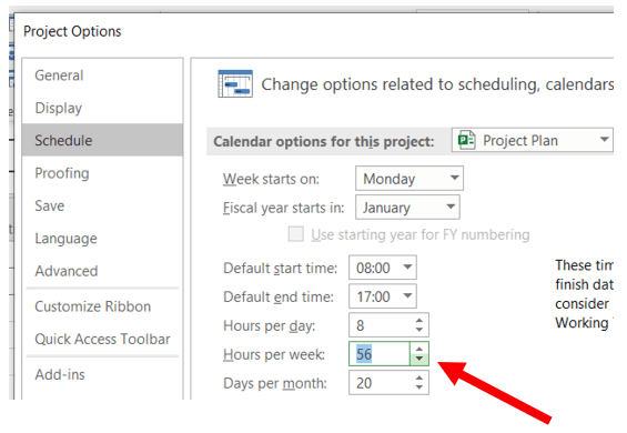 Adjusting the program scheduling options in Microsoft Project to ensure weekends are used for scheduling