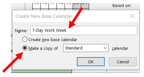 Naming the new calendar in MS Project 2019