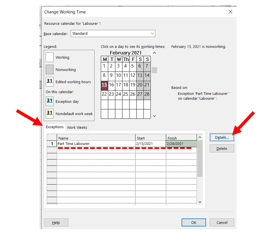 Setting up working times for part time resources using Microsoft Project