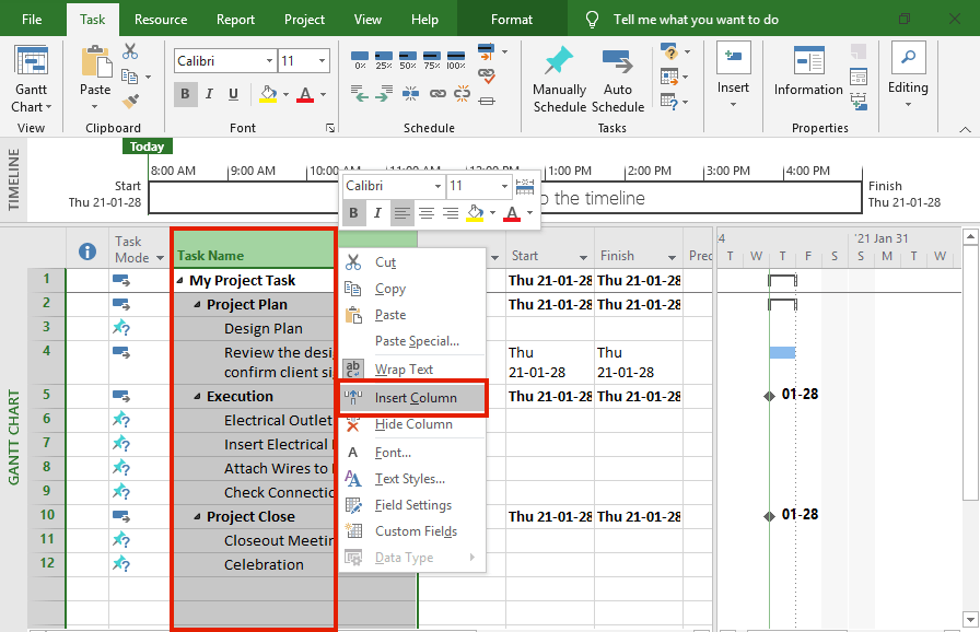 Add a separate column to show task numbers in Microsoft Project