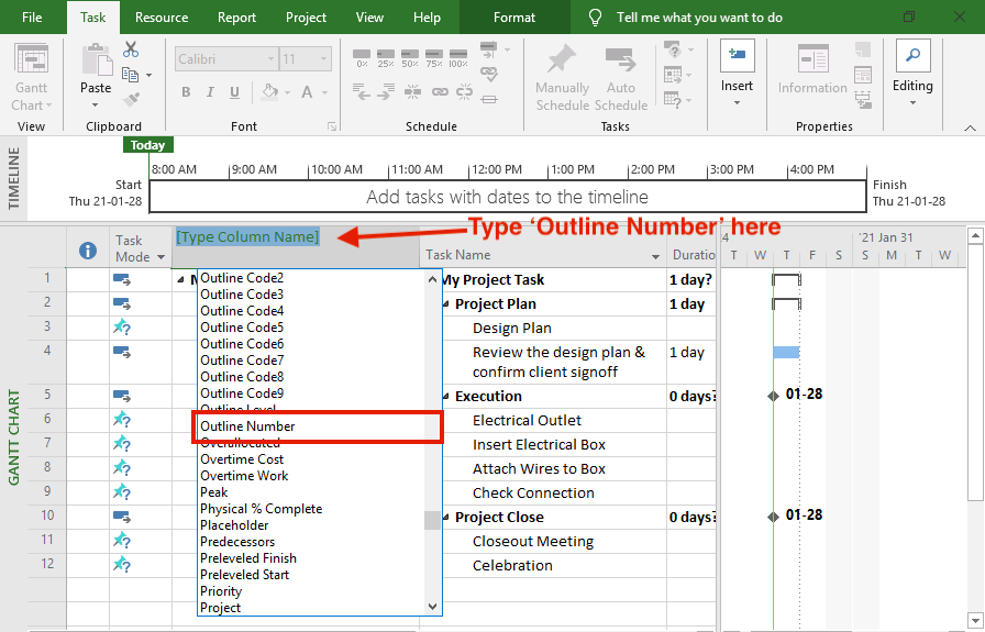 Microsoft Project: Search for field Outline Number to show task numbers
