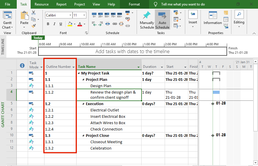 Task numbers appearing side by side with tasks in Microsoft Project 2016