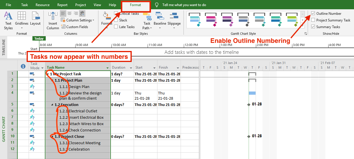 Showing task numbers in front of tasks in Microsoft Project