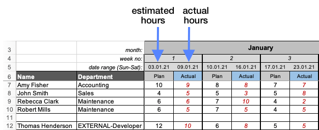 Work effort entry in the project budget template (weekly level)