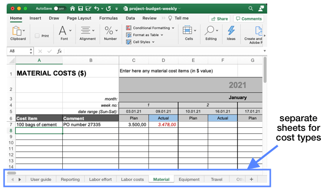 Separate cost sheets for each cost type in the weekly project budget template