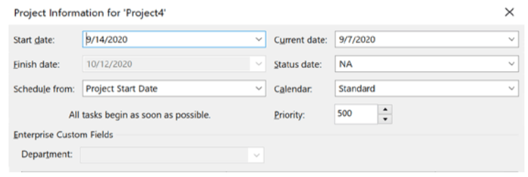 Microsoft Project Example: This is where you set the start date of your project