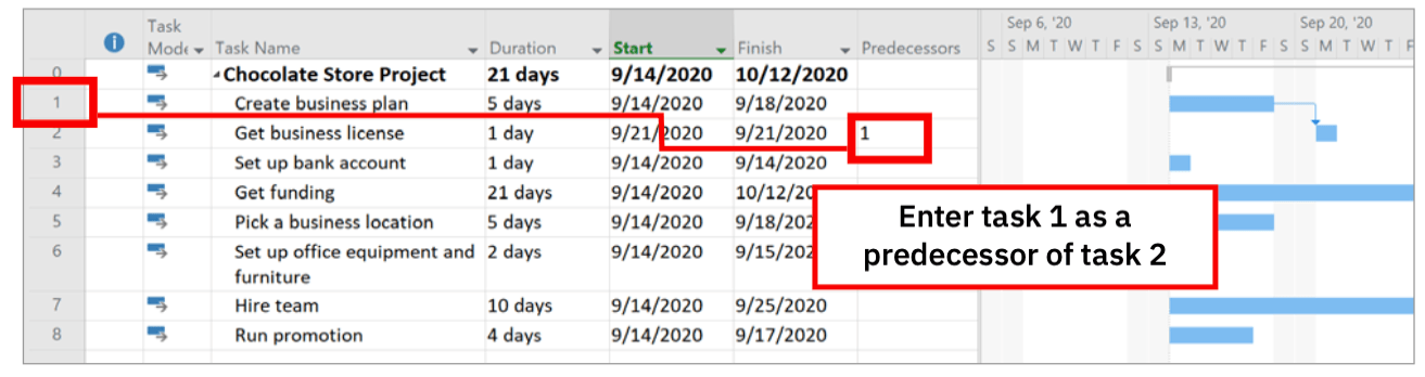 Microsoft Project Example: Entering the predecessor of each task