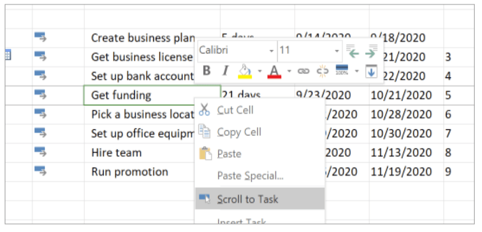 Microsoft Project Example: Use the Scroll to Task option to quickly scroll to the selected task in the work breakdown structure