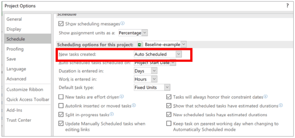 Microsoft Project Example: Making auto schedule the default