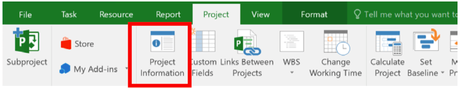 Microsoft Project Example: Opening the Project Information dialog