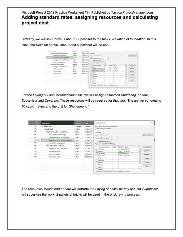 Microsoft Project Exercise Sheet in PDF format (example)