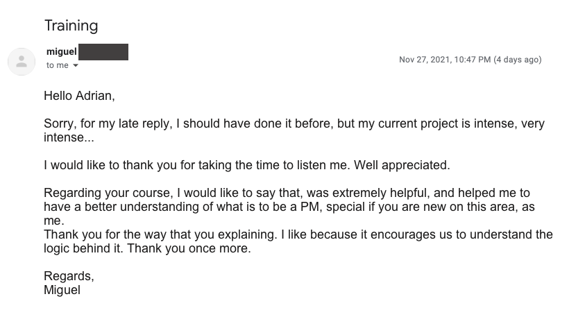 Client testimonial for my project management course, Real-World Project Management