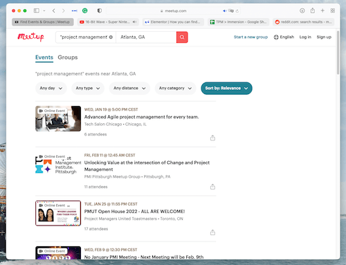 Meetup search for a project management event