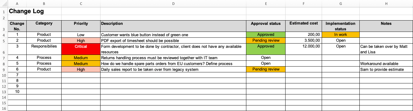 Change Log Template for Microsoft Excel