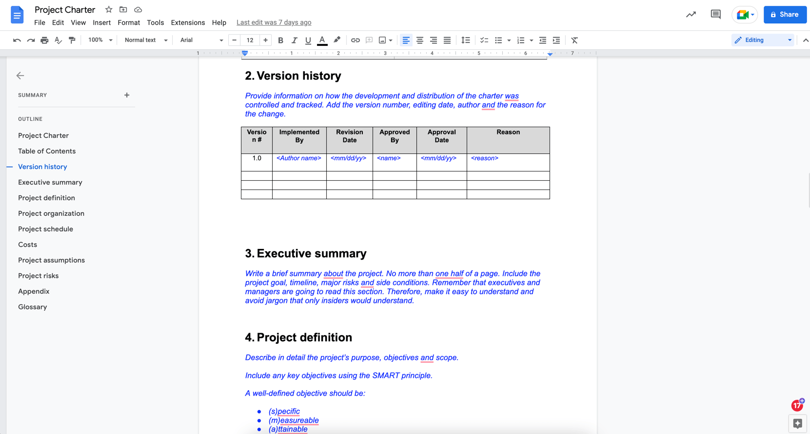 Project charter template for Google Docs
