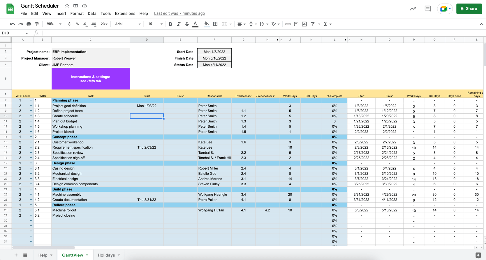 Project Scheduling Tool for Google Sheets