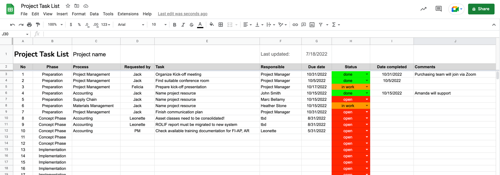 Project task list for Google Sheets