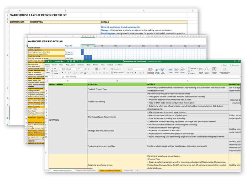 The Warehouse Setup Project Plan includes 3 Excel documents.